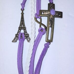 Eiffel Tower, Cross, Infinity Friendship Bracelet Purple Suede